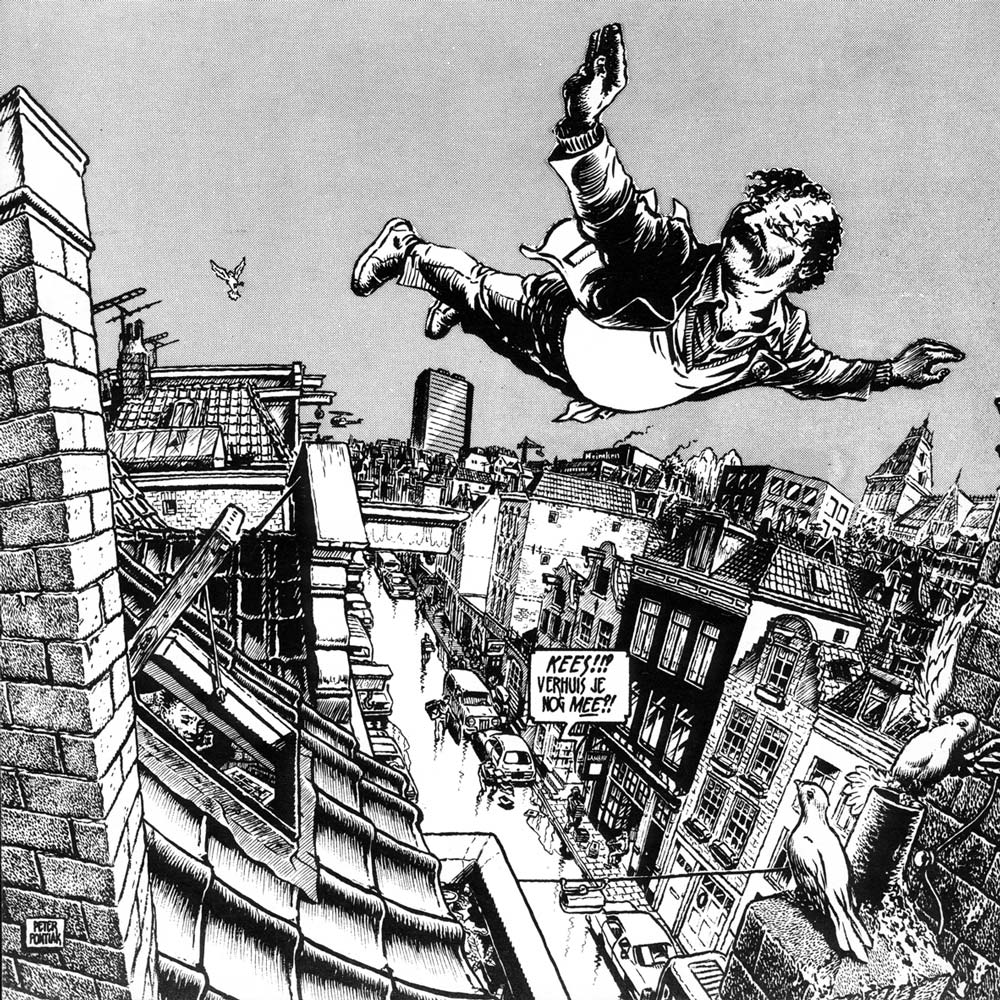 Kees Kousemaker flying high over Lambiek on the Kerkstraat in Amsterdam, an original drawing by Peter Pontiac for the move to Kerkstraat 78, 1017GN